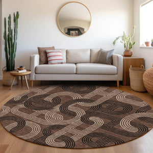 HomeRoots 8' Chocolate, Black & Beige Geometric Washable Round Rug - UV Protected for High-Traffic Spaces 676527