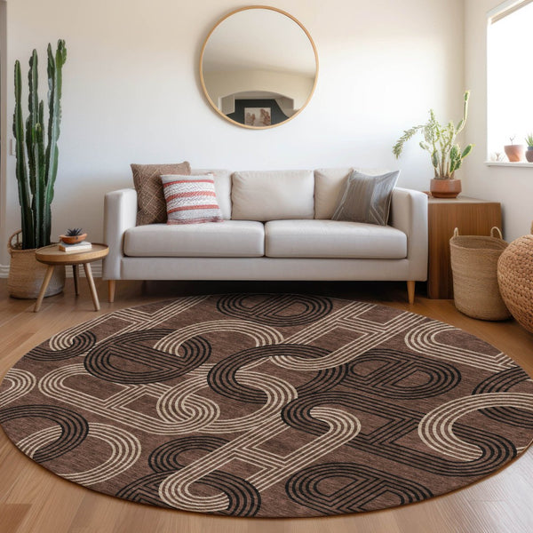 HomeRoots 8' Chocolate, Black & Beige Geometric Washable Round Rug - UV Protected for High-Traffic Spaces 676527
