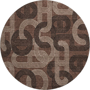HomeRoots 8' Chocolate, Black & Beige Geometric Washable Round Rug - UV Protected for High-Traffic Spaces 676527