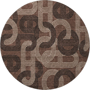 HomeRoots 8' Chocolate, Black & Beige Geometric Washable Round Rug - UV Protected for High-Traffic Spaces 676527