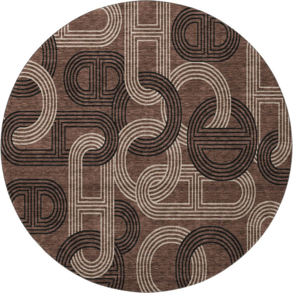 HomeRoots 8' Chocolate, Black & Beige Geometric Washable Round Rug - UV Protected for High-Traffic Spaces 676527