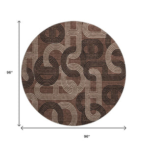 HomeRoots 8' Chocolate, Black & Beige Geometric Washable Round Rug - UV Protected for High-Traffic Spaces 676527