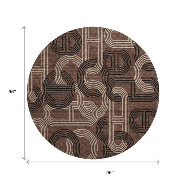HomeRoots 8' Chocolate, Black & Beige Geometric Washable Round Rug - UV Protected for High-Traffic Spaces 676527