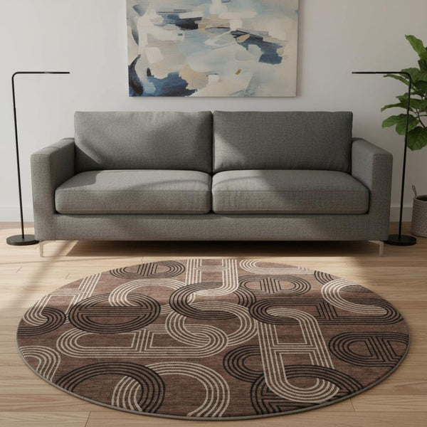 HomeRoots 8' Chocolate, Black & Beige Geometric Washable Round Rug - UV Protected for High-Traffic Spaces 676527