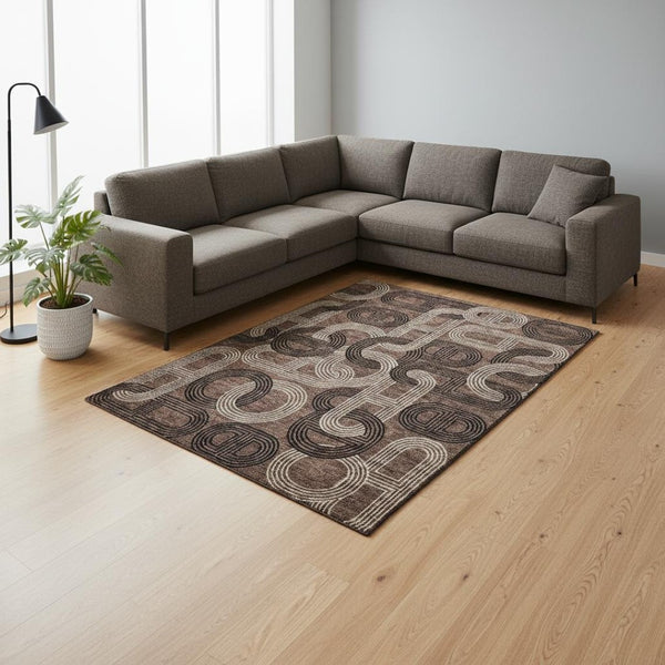 HomeRoots 8' X 10' Stylish Chocolate, Black & Beige Geometric Area Rug - Washable, UV-Protected, Durable Design 676528