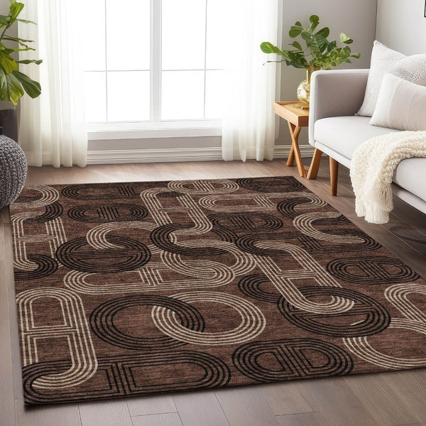 HomeRoots 8' X 10' Stylish Chocolate, Black & Beige Geometric Area Rug - Washable, UV-Protected, Durable Design 676528