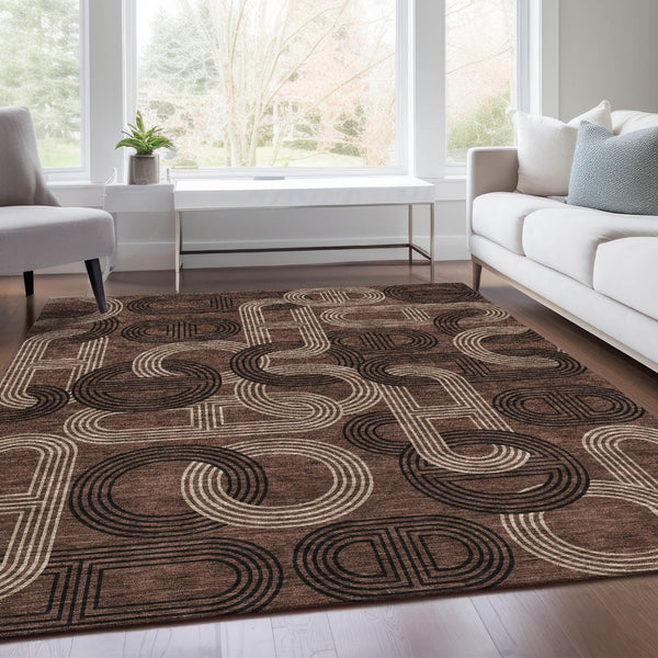 HomeRoots 8' X 10' Stylish Chocolate, Black & Beige Geometric Area Rug - Washable, UV-Protected, Durable Design 676528