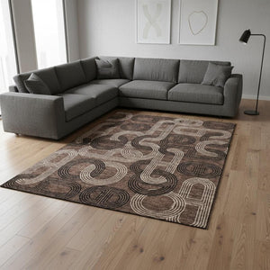 HomeRoots 9' X 12' Chocolate Black Beige Geometric Area Rug - Washable, Stain-Resistant, UV Protected Design 676529