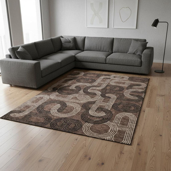 HomeRoots 9' X 12' Chocolate Black Beige Geometric Area Rug - Washable, Stain-Resistant, UV Protected Design 676529