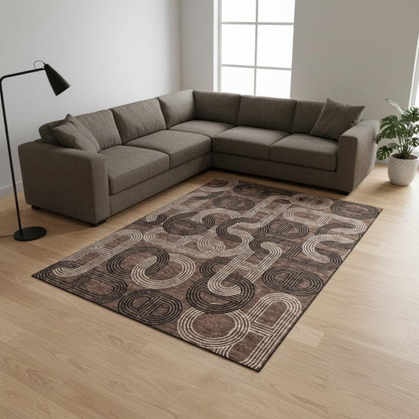 HomeRoots 10' Geometric Area Rug in Chocolate, Black & Beige - Washable, UV Protected & Stain Resistant Design 676530
