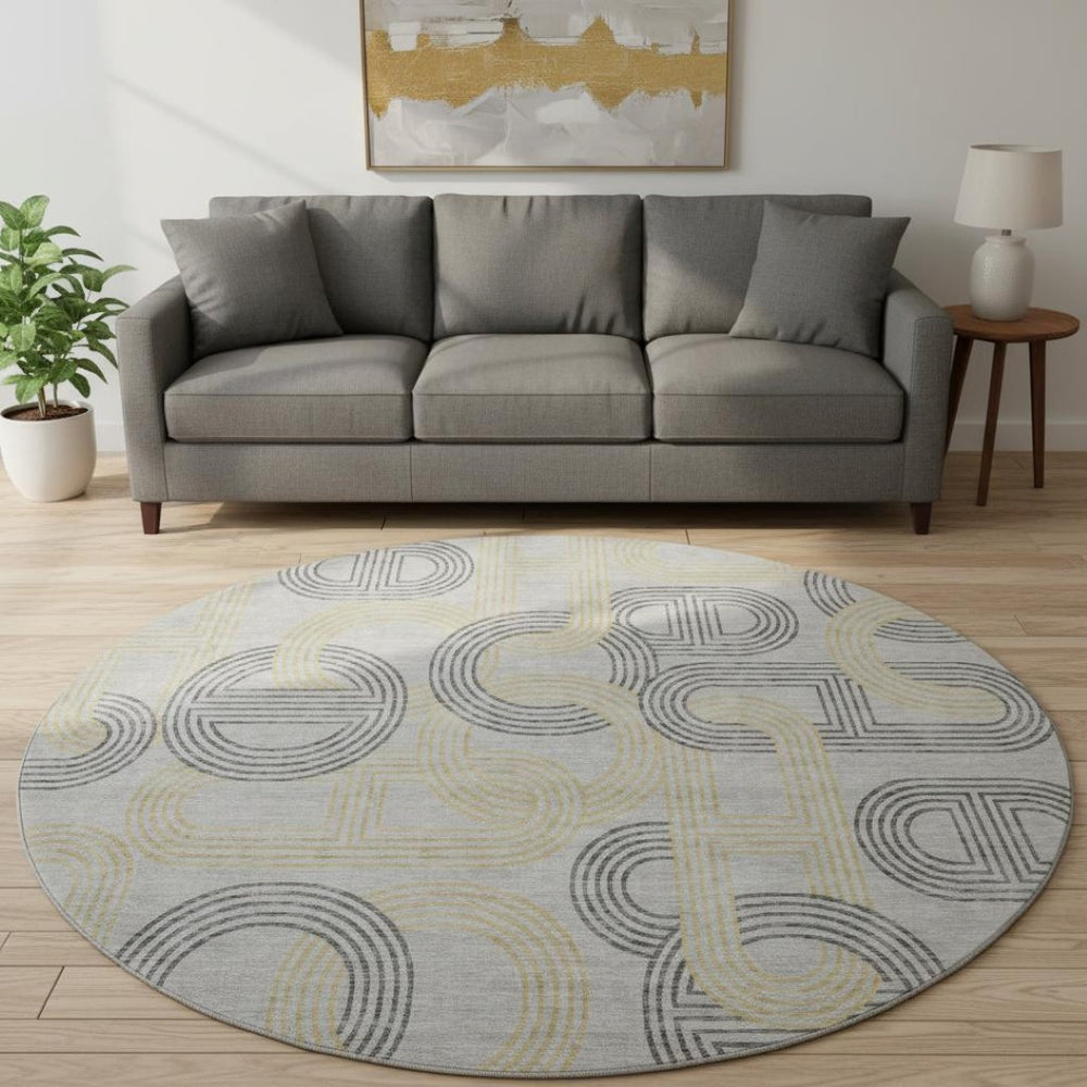 HomeRoots 8' Gray Charcoal and Gold Geometric Washable Round Rug - Durable, UV-Protected, Modern Design! 676533
