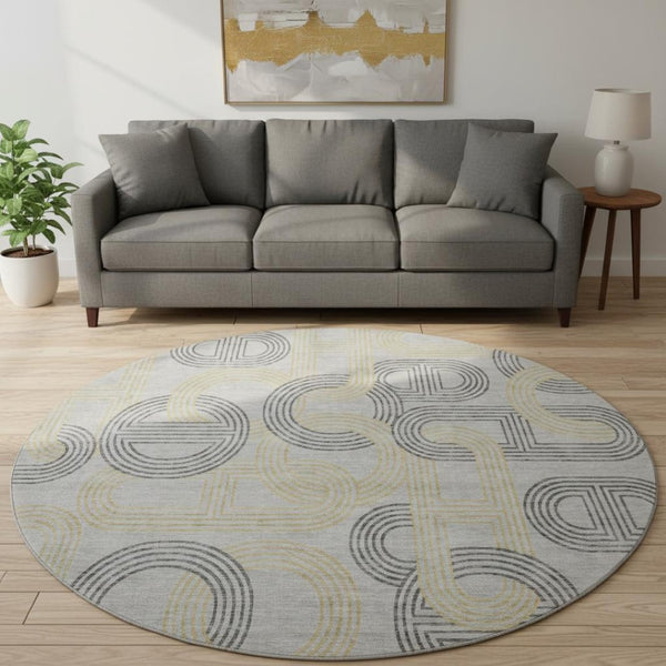 HomeRoots 8' Gray Charcoal and Gold Geometric Washable Round Rug - Durable, UV-Protected, Modern Design! 676533