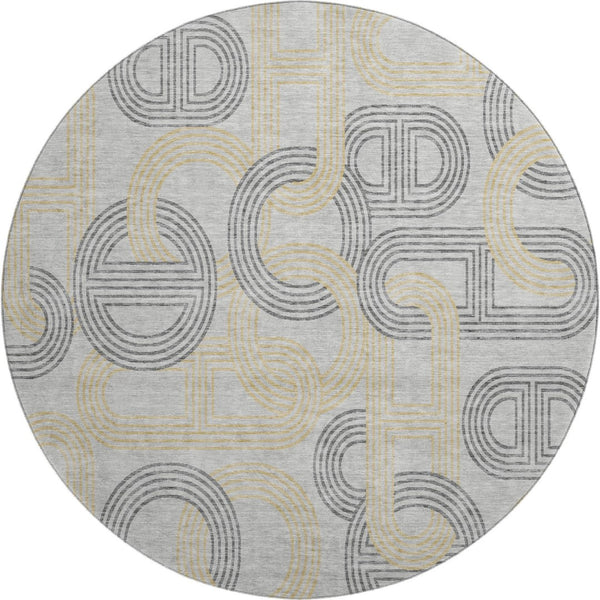 HomeRoots 8' Gray Charcoal and Gold Geometric Washable Round Rug - Durable, UV-Protected, Modern Design! 676533