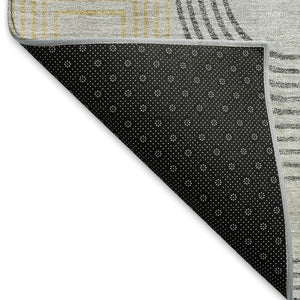 HomeRoots 8' Gray Charcoal and Gold Geometric Washable Round Rug - Durable, UV-Protected, Modern Design! 676533