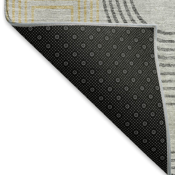 HomeRoots 8' Gray Charcoal and Gold Geometric Washable Round Rug - Durable, UV-Protected, Modern Design! 676533