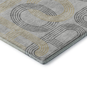 HomeRoots 8' Gray Charcoal and Gold Geometric Washable Round Rug - Durable, UV-Protected, Modern Design! 676533