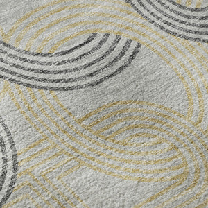 HomeRoots 8' Gray Charcoal and Gold Geometric Washable Round Rug - Durable, UV-Protected, Modern Design! 676533