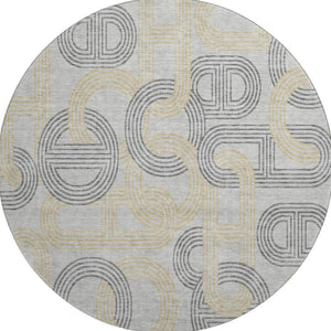 HomeRoots 8' Gray Charcoal and Gold Geometric Washable Round Rug - Durable, UV-Protected, Modern Design! 676533