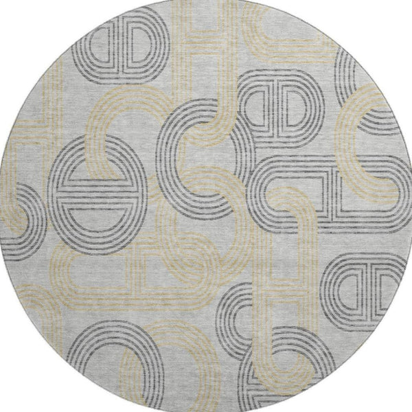 HomeRoots 8' Gray Charcoal and Gold Geometric Washable Round Rug - Durable, UV-Protected, Modern Design! 676533