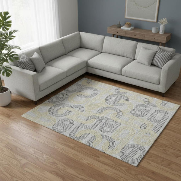 HomeRoots 9' X 12' Gray Charcoal and Gold Geometric Washable Area Rug - Stylish, Durable, UV Protected Design! 676535