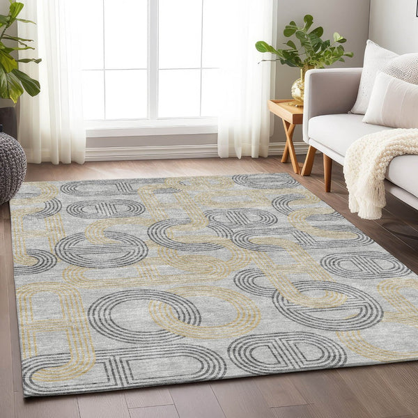 HomeRoots 9' X 12' Gray Charcoal and Gold Geometric Washable Area Rug - Stylish, Durable, UV Protected Design! 676535