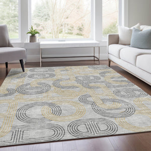 HomeRoots 9' X 12' Gray Charcoal and Gold Geometric Washable Area Rug - Stylish, Durable, UV Protected Design! 676535