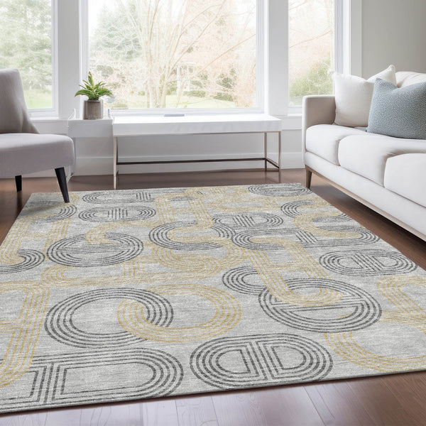 HomeRoots 9' X 12' Gray Charcoal and Gold Geometric Washable Area Rug - Stylish, Durable, UV Protected Design! 676535