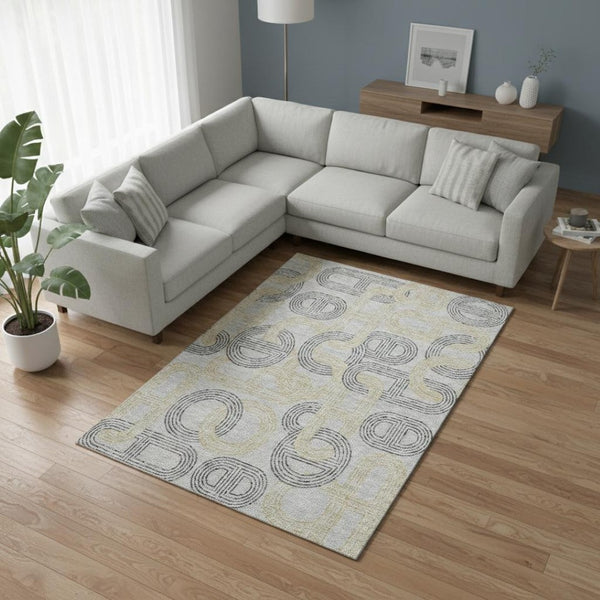 HomeRoots 10' Gray Charcoal & Gold Geometric Washable Area Rug - Durable, Stylish & UV-Protected for High-Traffic Areas 676536