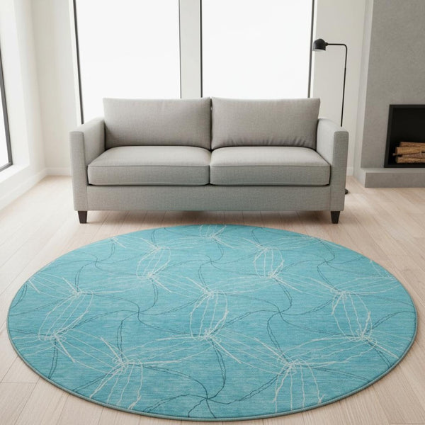 HomeRoots 8' Aqua and Ivory Geometric Washable Round Rug – Durable, Stain-Resistant, UV-Protected Design for Homes 676539