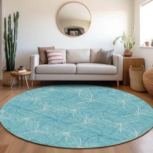 HomeRoots 8' Aqua and Ivory Geometric Washable Round Rug – Durable, Stain-Resistant, UV-Protected Design for Homes 676539