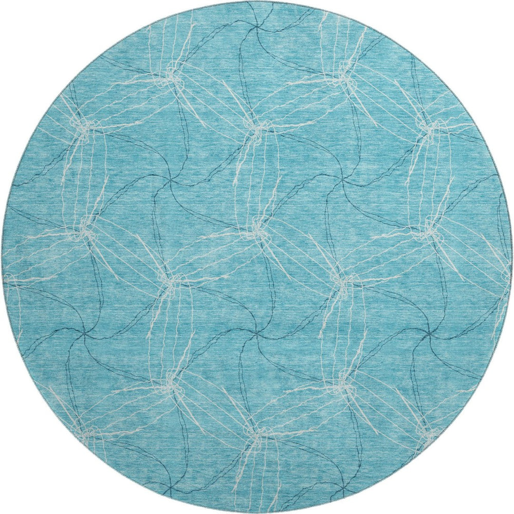 HomeRoots 8' Aqua and Ivory Geometric Washable Round Rug – Durable, Stain-Resistant, UV-Protected Design for Homes 676539