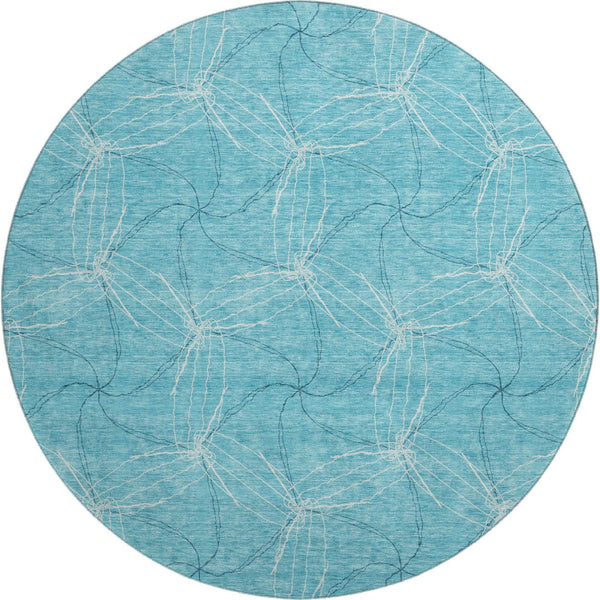 HomeRoots 8' Aqua and Ivory Geometric Washable Round Rug – Durable, Stain-Resistant, UV-Protected Design for Homes 676539