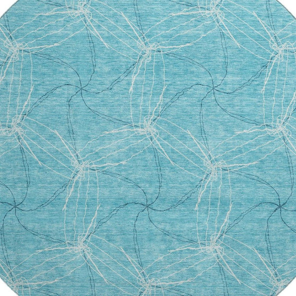 HomeRoots 8' Aqua and Ivory Geometric Washable Round Rug – Durable, Stain-Resistant, UV-Protected Design for Homes 676539