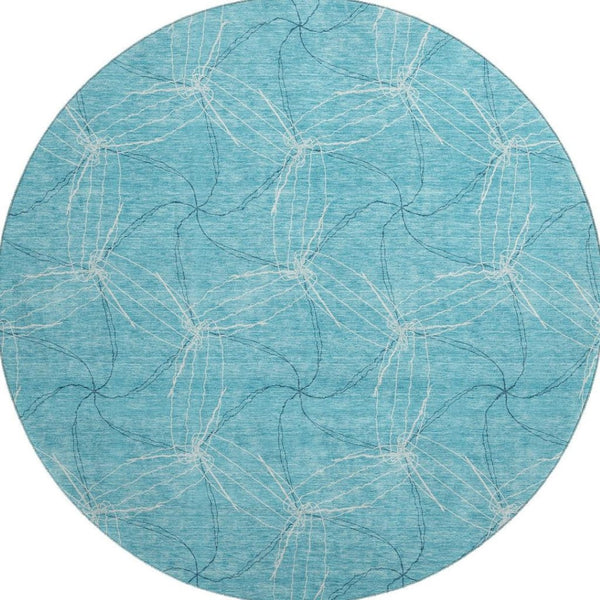 HomeRoots 8' Aqua and Ivory Geometric Washable Round Rug – Durable, Stain-Resistant, UV-Protected Design for Homes 676539