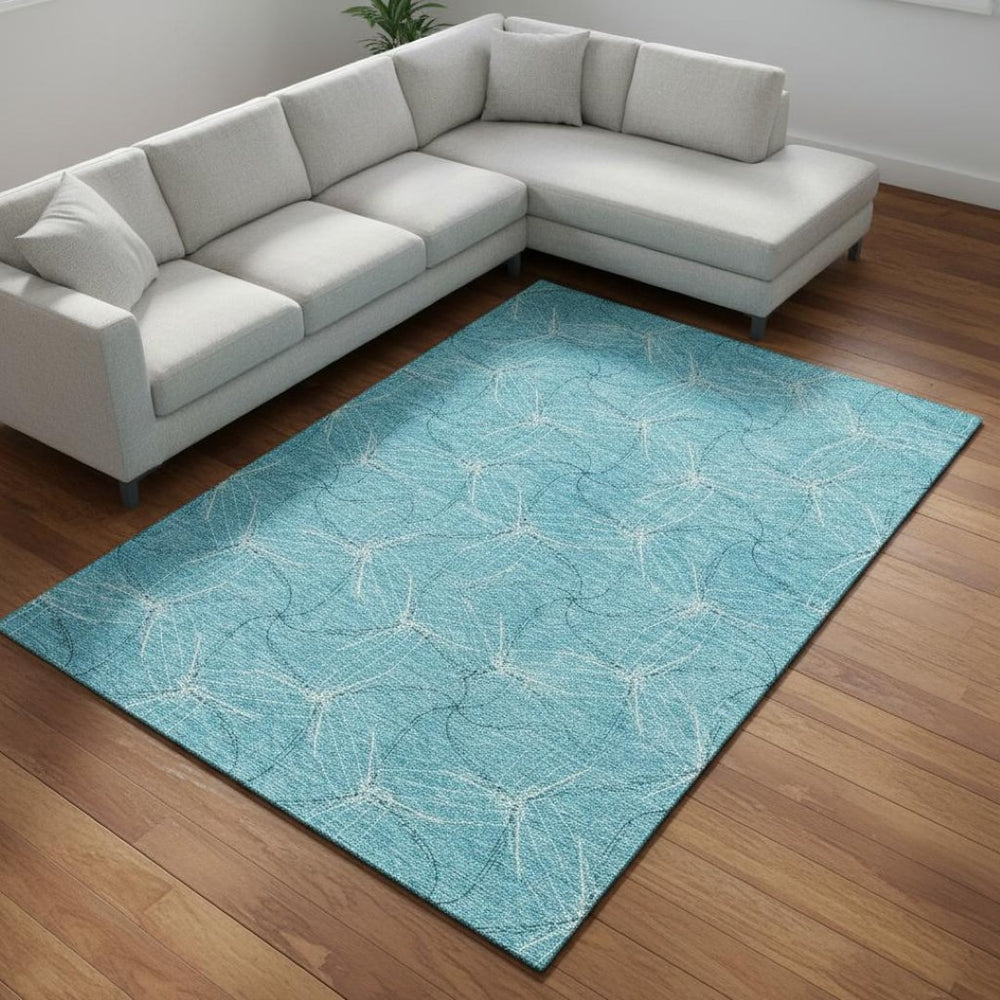 HomeRoots 8' X 10' Aqua and Ivory Geometric Washable Area Rug - Durable, Stylish, UV-Protected for High-Traffic Areas 676540