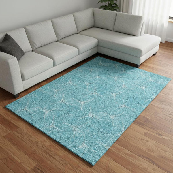 HomeRoots 9' X 12' Aqua and Ivory Geometric Area Rug - Washable, UV Protected, Perfect for Modern Homes! 676541
