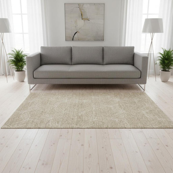 HomeRoots 5' X 8' Stylish Beige and Ivory Geometric Washable Area Rug with UV Protection for Busy Homes 676544