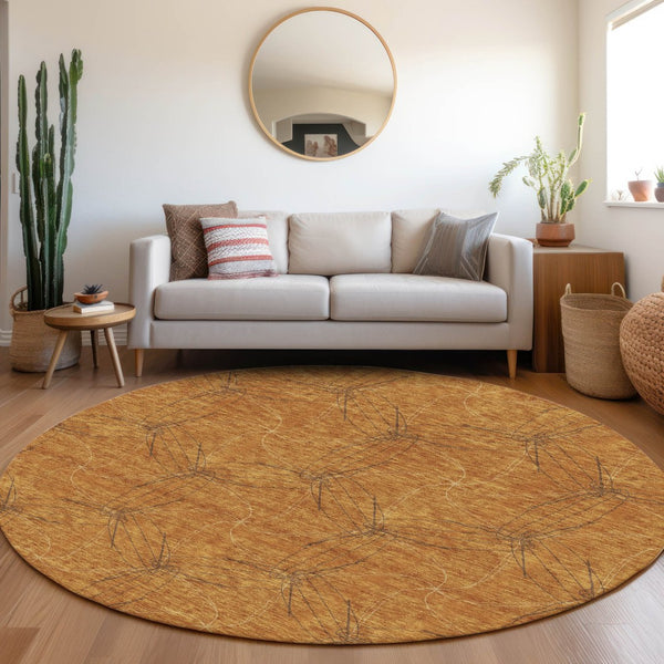 HomeRoots 8' Copper and Brown Geometric Round Rug - Washable, UV-Protected, Stylish & Durable for Any Room 676557