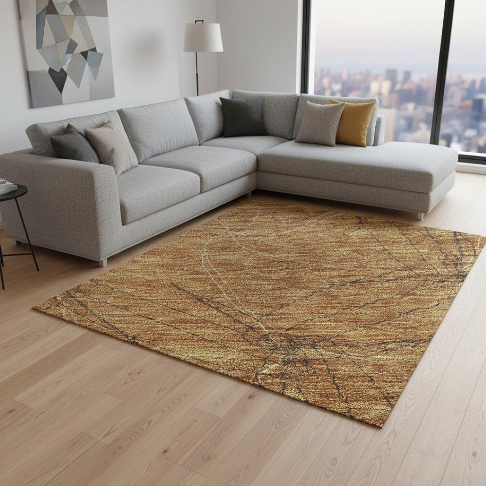 HomeRoots 9' X 12' Stylish Copper & Brown Geometric Area Rug – Washable, UV Protected, Perfect for Busy Homes! 676559