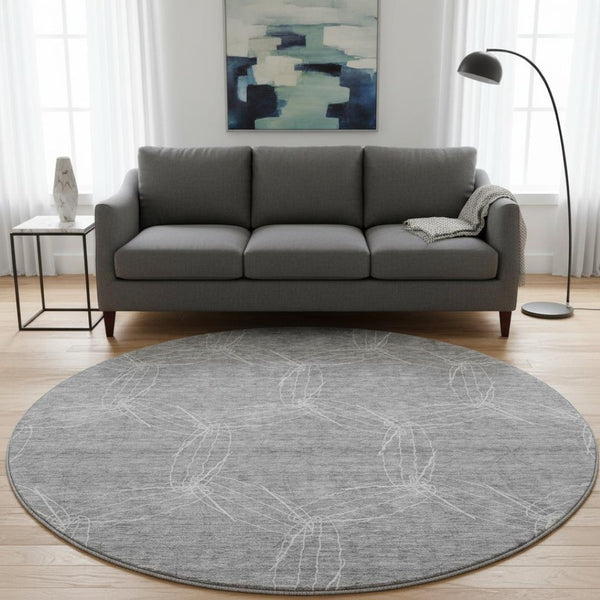 HomeRoots 8' Gray And Ivory Geometric Washable Round Rug - Durable, UV Protected, Modern Design for Any Room 676563
