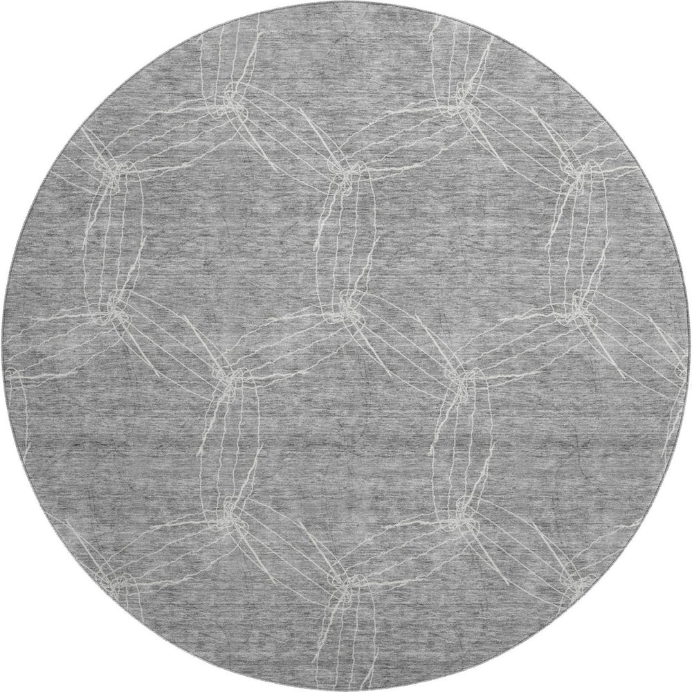 HomeRoots 8' Gray And Ivory Geometric Washable Round Rug - Durable, UV Protected, Modern Design for Any Room 676563