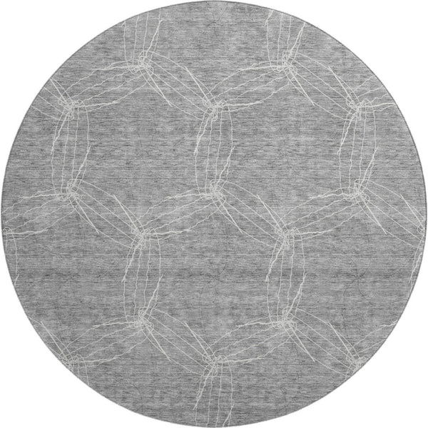 HomeRoots 8' Gray And Ivory Geometric Washable Round Rug - Durable, UV Protected, Modern Design for Any Room 676563