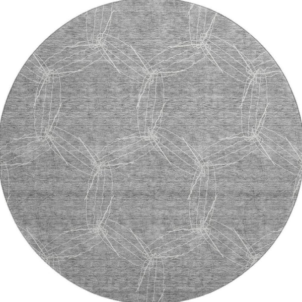 HomeRoots 8' Gray And Ivory Geometric Washable Round Rug - Durable, UV Protected, Modern Design for Any Room 676563