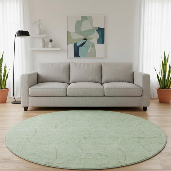 HomeRoots 8' Mint Green & Ivory Geometric Round Rug - Washable, UV Protected, Perfect for Modern Living Spaces! 676575
