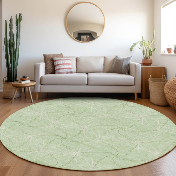 HomeRoots 8' Mint Green & Ivory Geometric Round Rug - Washable, UV Protected, Perfect for Modern Living Spaces! 676575