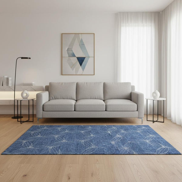 HomeRoots 5' X 8' Navy Blue & Ivory Geometric Washable Area Rug with UV Protection for Modern Homes 676580