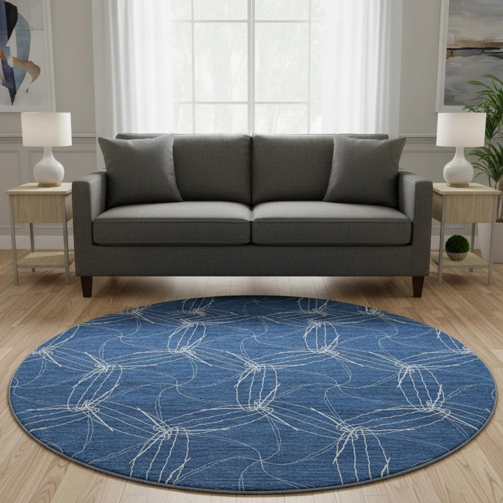 HomeRoots 8' Navy Blue Geometric Round Rug - Washable, UV Protected, Stain Resistant for Indoor & Outdoor Use 676581