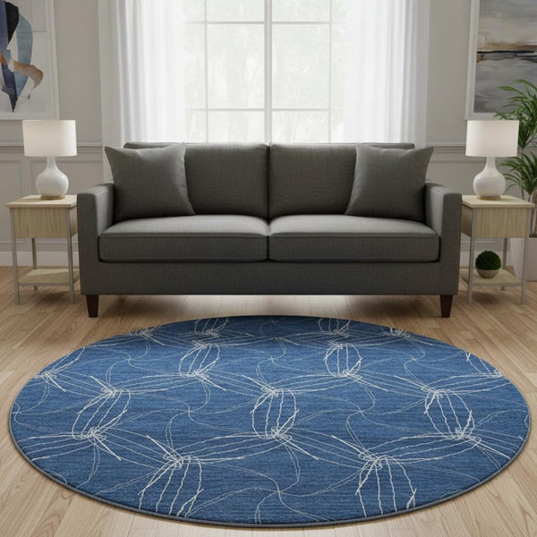 HomeRoots 8' Navy Blue Geometric Round Rug - Washable, UV Protected, Stain Resistant for Indoor & Outdoor Use 676581