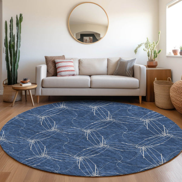 HomeRoots 8' Navy Blue Geometric Round Rug - Washable, UV Protected, Stain Resistant for Indoor & Outdoor Use 676581