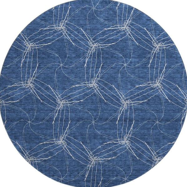 HomeRoots 8' Navy Blue Geometric Round Rug - Washable, UV Protected, Stain Resistant for Indoor & Outdoor Use 676581